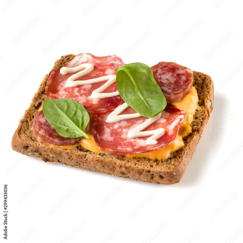 Canape with salami. Open faced sandwich crostini isolated on white background closeup. Appetizer tartarine. Canape with salami. Open faced sandwich crostini isolated on white background closeup. Appetizer tartarine.