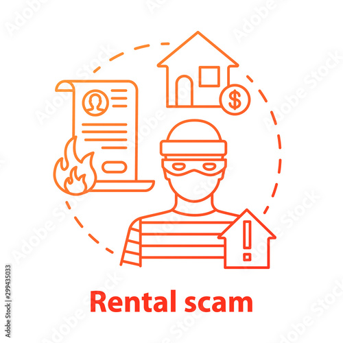 Rental scam concept icon. Housing fraud. Fake house for rent. Leasing swindle. Home buying, mortgage criminal scheme idea thin line illustration. Vector isolated outline drawing