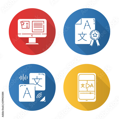 Machine translation services flat design long shadow glyph icons set. Audio and video translator. Text editing. Quality control. Certified translation, DTP services. Vector silhouette illustration