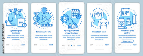 Women healthcare onboarding mobile app page screen vector template. Gynecological disease diagnosis and checkups. Walkthrough website steps. UX, UI, GUI turquoise smartphone interface concept