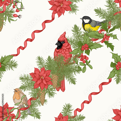 Christmas wreath of spruce, pine and poinsettia. Seamless pattern, background. Graphic drawing, engraving style vector illustration