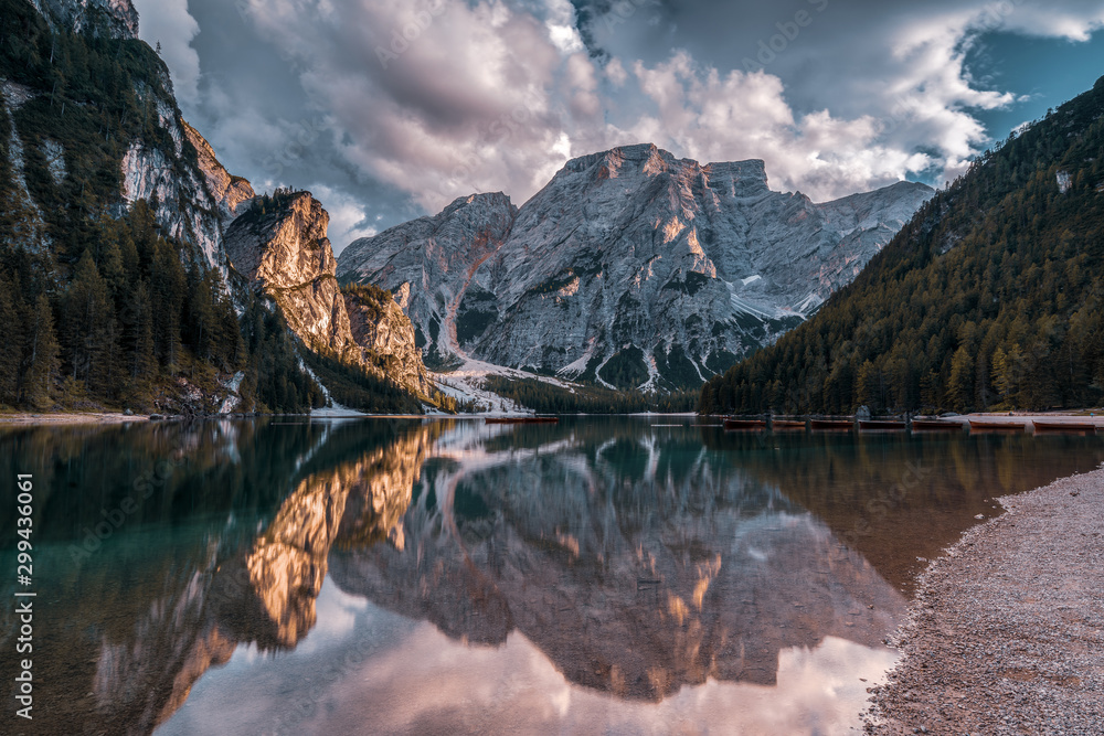 Panoramic view of the Dolomites in autumn,  Lake Prags.