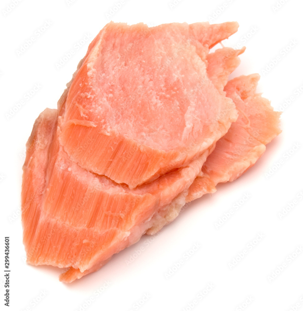 smoked salmon segments isolated on white background cutout. Prepared fish fillet fibres. smoked salmon segments isolated on white background cutout. Prepared fish fillet fibres.
