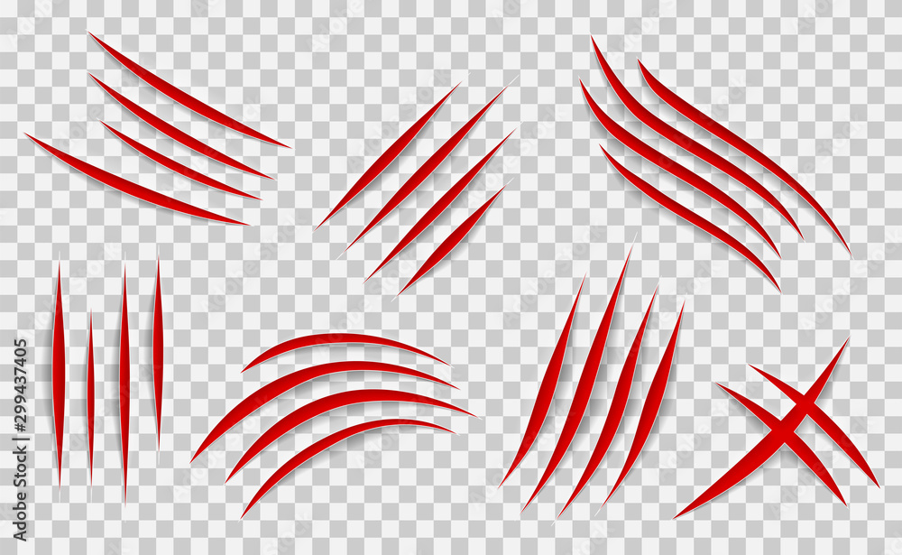 Obraz premium Claw scratches mark set. Vector scrape track.