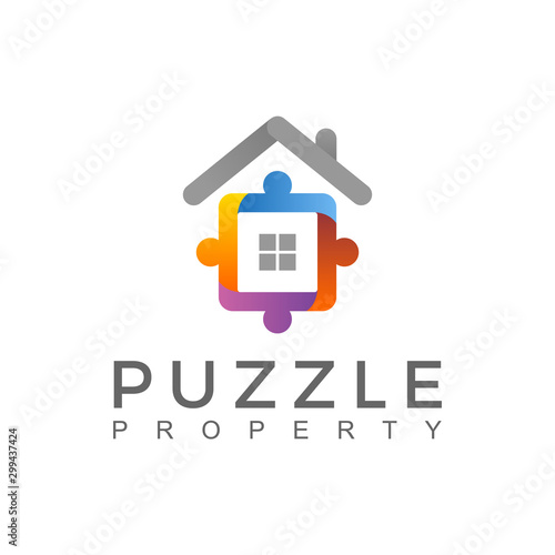 Puzzle real estate modern fun playful logo design teamwork symbol house family