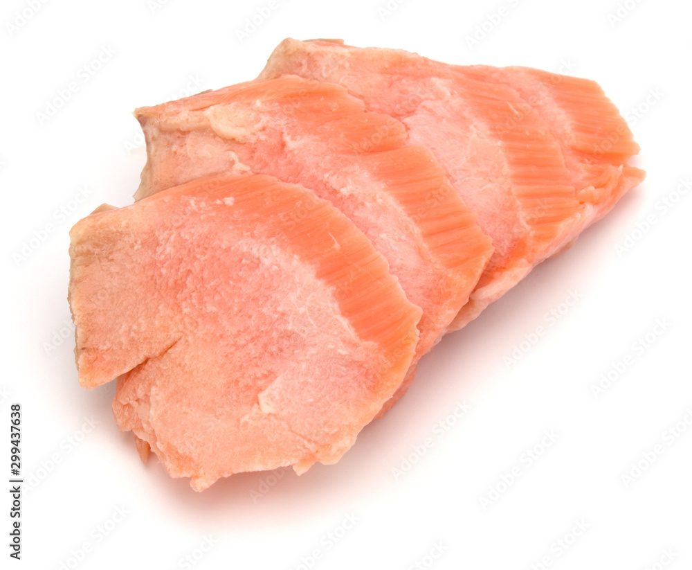 smoked salmon segments isolated on white background cutout. Prepared fish fillet fibres. smoked salmon segments isolated on white background cutout. Prepared fish fillet fibres.