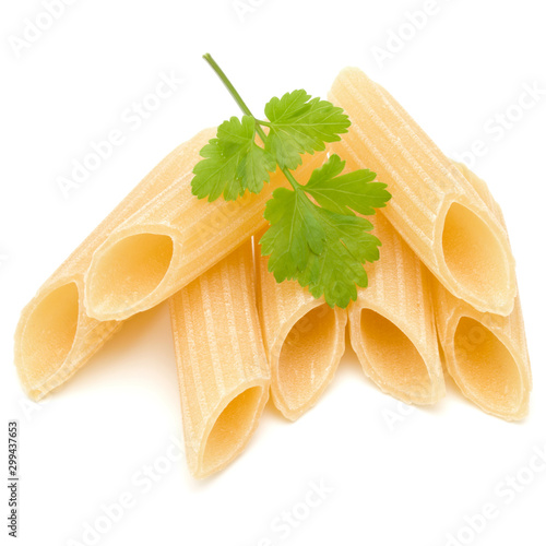 Italian pasta isolated on white background. Pennoni. Penne rigate.