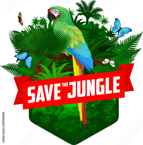 vector jungle rainforest emblem with parrot blue-and-yellow macaw, Morpho menelaus, Amazon beauty and Glasswing butterfly