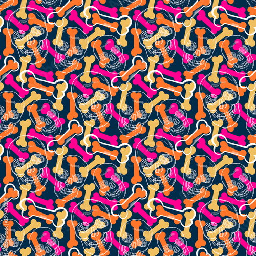 Seamless pattern with white skulls and bones on a colorful backg