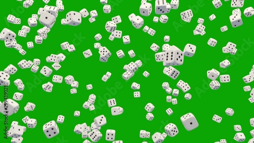 White dice falling down on green background. Seamless looped animation.