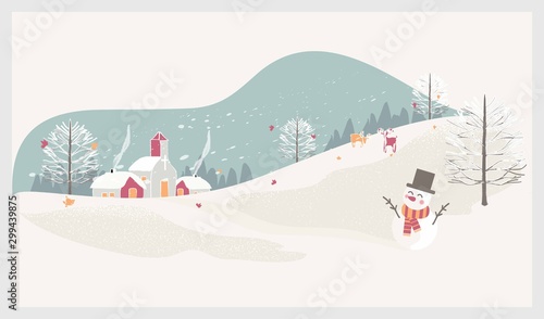Vector illustration of a Christmas winter landscape postcard.Retro color of winter countryside landscape with  deer.Minimal winter concept.
