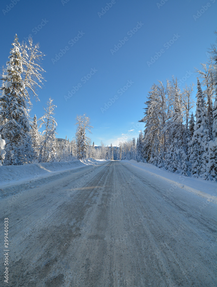 Snowed road through the winter forest in Manning Park, BC.