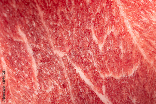 Texture of frozen fresh raw meat, close up, macro
