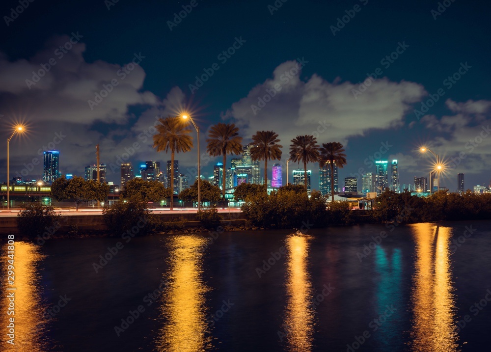 miami night sunset sea buildings views lights palms water colors