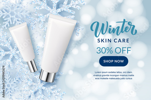 Winter skincare cosmetics. Vector realistic 3d illustration of cream package. Beauty store sale banner, poster design