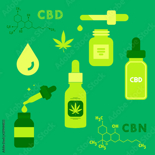 Medical marijuana. Hemp oil in a jar. CBD Oil Chemical Formula. Vector, Illustrator