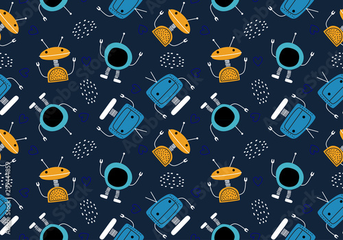 Cute robot seamless pattern with funny character. Vector illustration for kids and baby apparel fashion textile print.