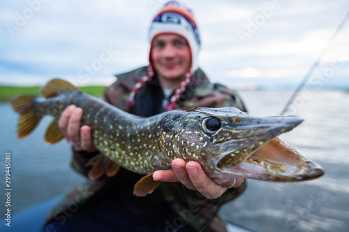 Young amateur angler holds the Pike fish (Esox lucius) in his hands being on the lake. Focus on the fish only (in area near its eye)