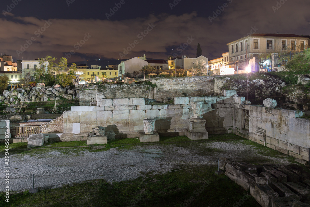 Night photo of Hadrian's Library in Athens, Greece