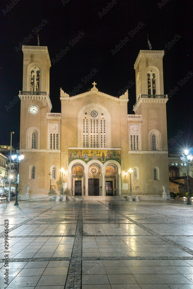 Night photo of Metropolitan Cathedral in Athens, Greece