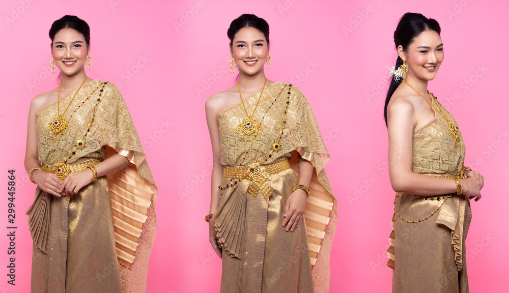 Golden Dress of Thai Traditional Costume or South East Asia gold Dress in Asian Woman with decoration portrait in many poses under Studio lighting Pink sweet background, collage group pack