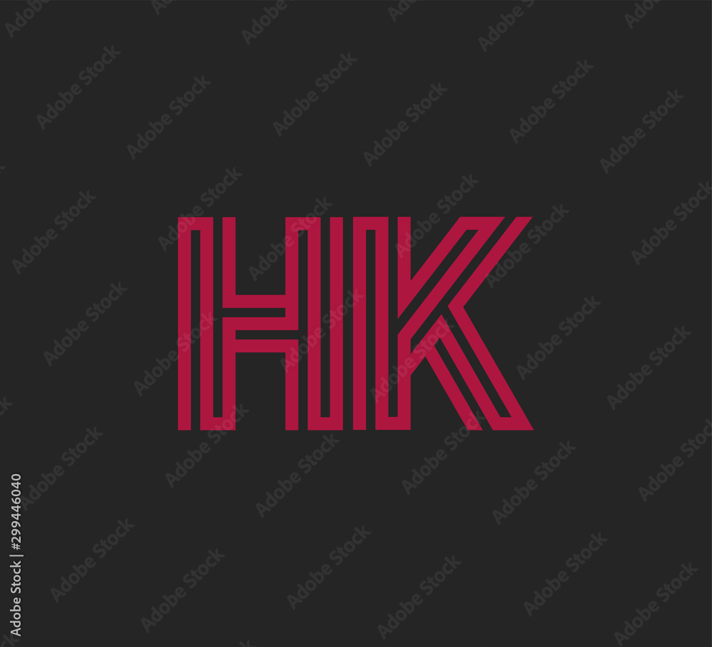 Initial two letter red line shape logo on black vector HK