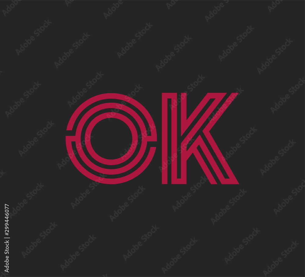 Initial two letter red line shape logo on black vector OK Initial two letter red line shape logo on black vector OK
