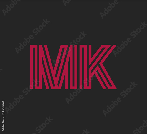 Initial two letter red line shape logo on black vector MK