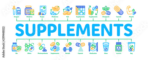 Supplements Minimal Infographic Web Banner Vector. Pills And Drugs, Plastic Container With Dropper Bio Healthcare Supplements Concept Linear Pictograms. Color Contour Illustrations