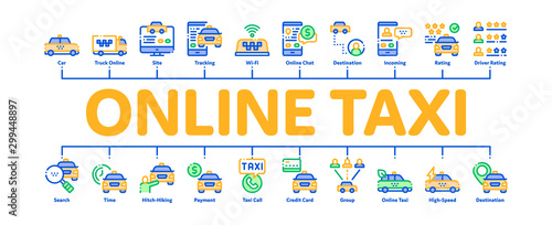 Online Taxi Minimal Infographic Web Banner Vector. Taxi Truck And Car, Mobile Application, Web Site And Human Silhouette Concept Linear Pictograms. Color Contour Illustrations