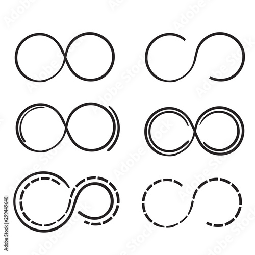 Infinity eternity symbol in variations set design with hand drawn doodle style vector