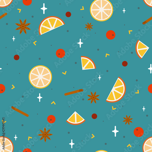 Seamless pattern with slices of lemons and oranges, cinnamon, anise, berries. Cartoon flat style vector.