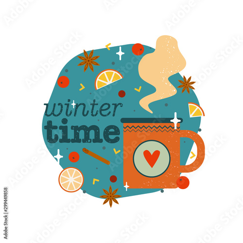 Warm beverage in cozy mug with text Winter time