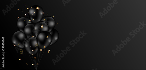 Black background design with dark shiny balloons bunch and glitter gold confetti. Vector illustration.
