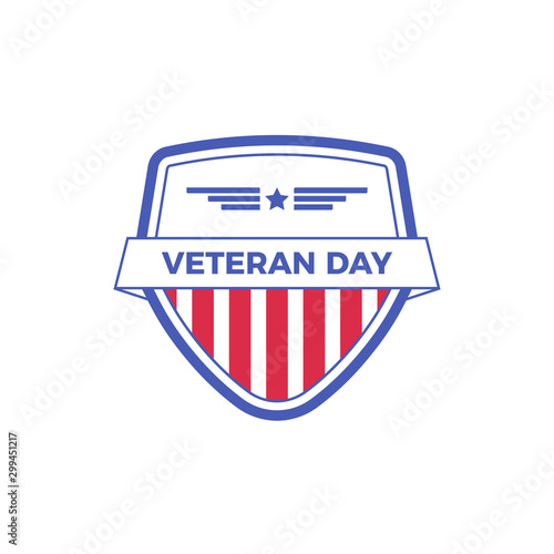 Veteran day logo badge template with red and blue design for event or stamp.