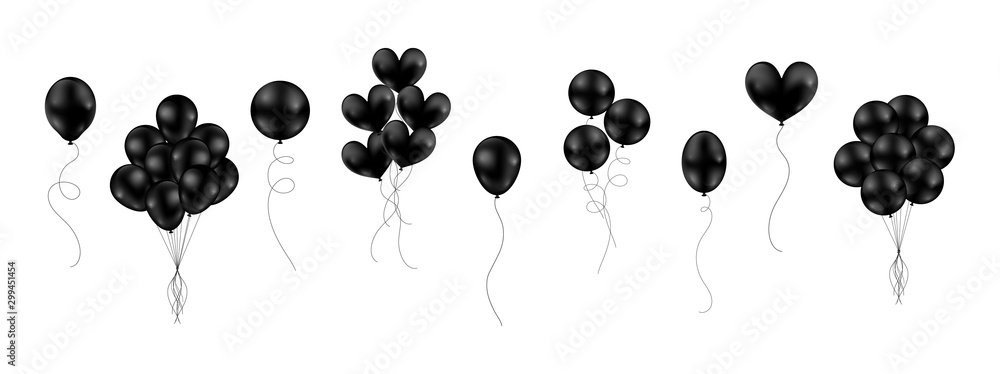 Big set of black shiny balloons different style isolated float on white