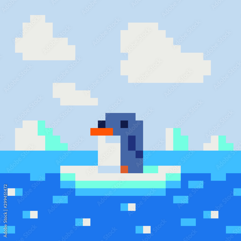Penguin mosaic, isolated pixel art vector illustration. Game assets 8-bit sprite. Design for stickers, web, mobile app. Penguin mosaic, isolated pixel art vector illustration. Game assets 8-bit sprite. Design for stickers, web, mobile app.