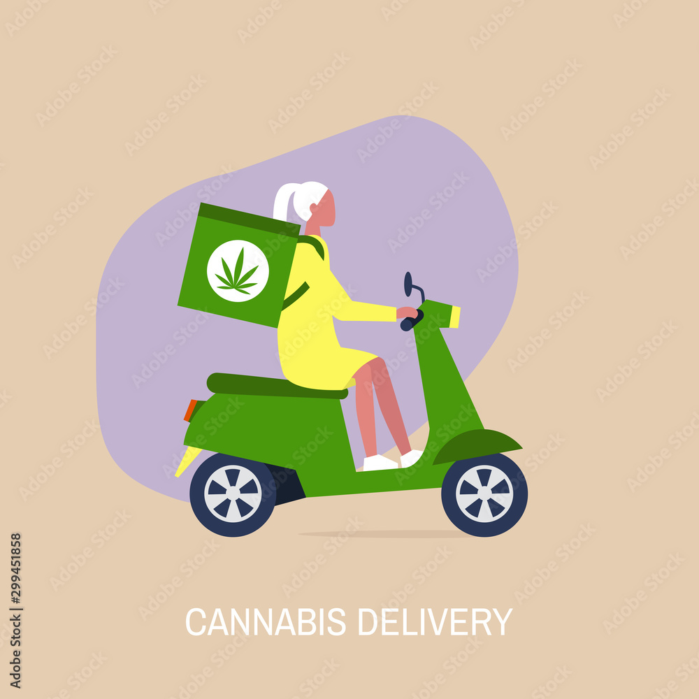Cannabis delivery service, Young female courier with a large backpack riding a motor bike