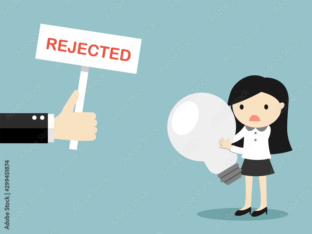 Business concept, Hand shows rejected sign to business woman's idea. Vector illustration.