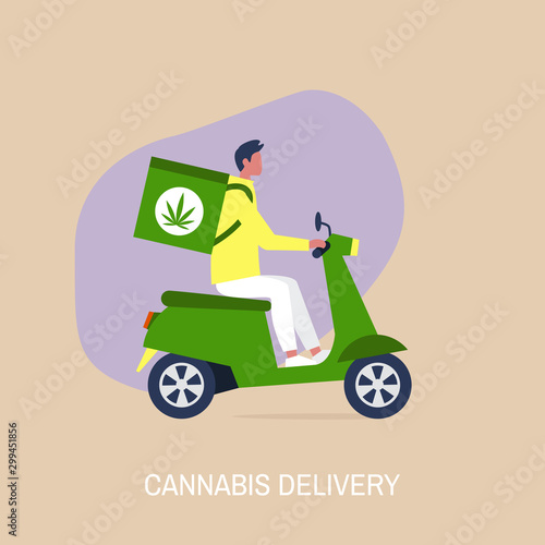 Cannabis delivery service, Young male courier with a large backpack riding a motor bike