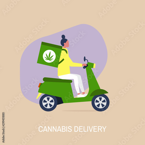 Cannabis delivery service, Young female courier with a large backpack riding a motor bike