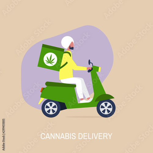 Cannabis delivery service, Young indian male courier with a large backpack riding a motor bike