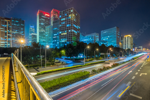 Business district at night in Beijing, China.