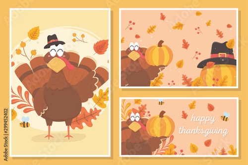 happy thanksgiving turkey with pilgrim hat leaves pumpkin celebration cards