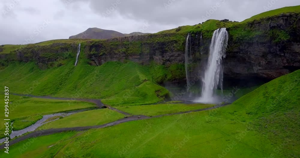 Scene aerial view of Seljalandsfoss waterfall in south Iceland, summertime Scene aerial view of Seljalandsfoss waterfall in south Iceland, summertime