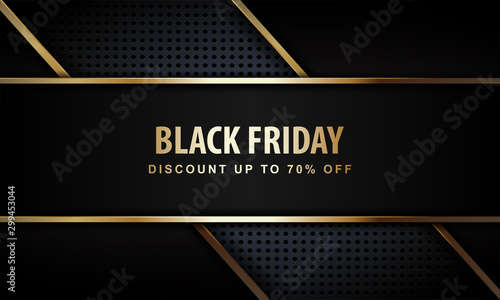Black Friday Banner with Modern and Luxury Style of Gold and Black Color Combination. Designed for web, banner, background, wallpaper, card, flyer, cover, etc. Suitable for your business.