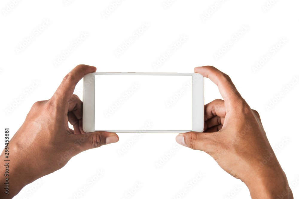 Top view,Closed up Hands grip capture blank space smart phone with white screen. Top view,Closed up Hands grip capture blank space smart phone with white screen.