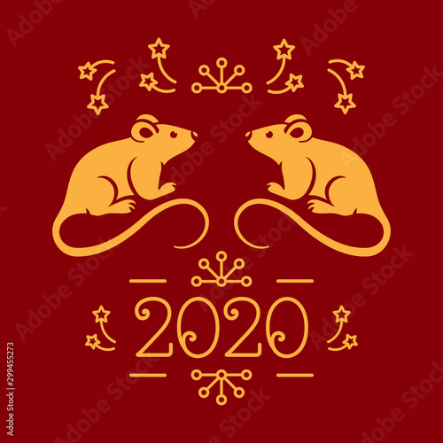 Happy New Year card 2020 year of the Rat, Christmas greeting card. Golden rats and money on a red background. Vector illustration © Decobrush