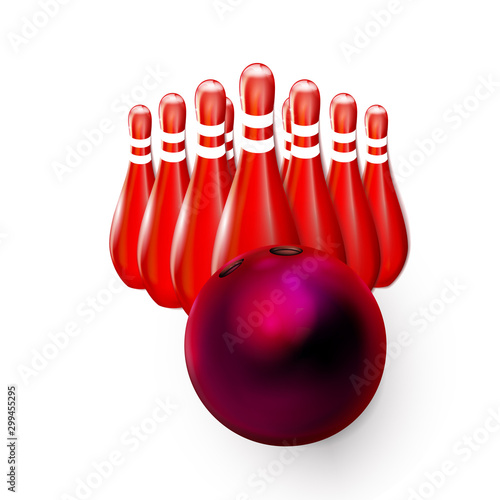 Bowling Ball red 3D and Pins, skittles realistic. Illustration vector for web design isolated on white background. Shiny And Clean. Equipment for leisure activity and sport.