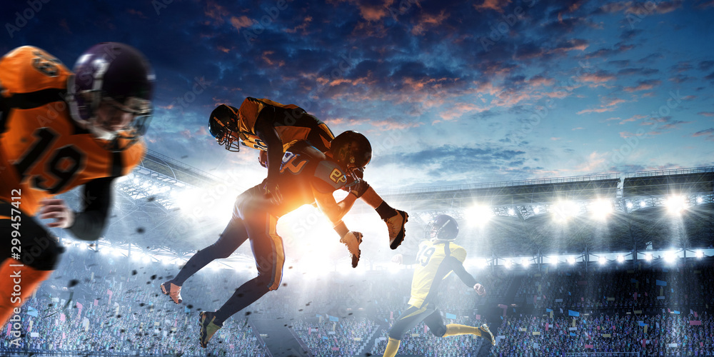 American football players fight for ball. Mixed media - obrazy, fototapety, plakaty 